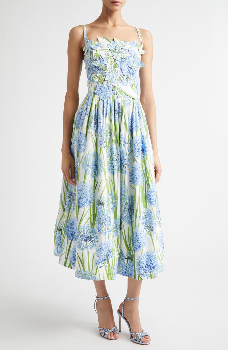 Oscar de la Renta Alliums Appliqué Pleated Stretch Cotton Poplin Fit & Flare Dress, Main, color, Blue/ White