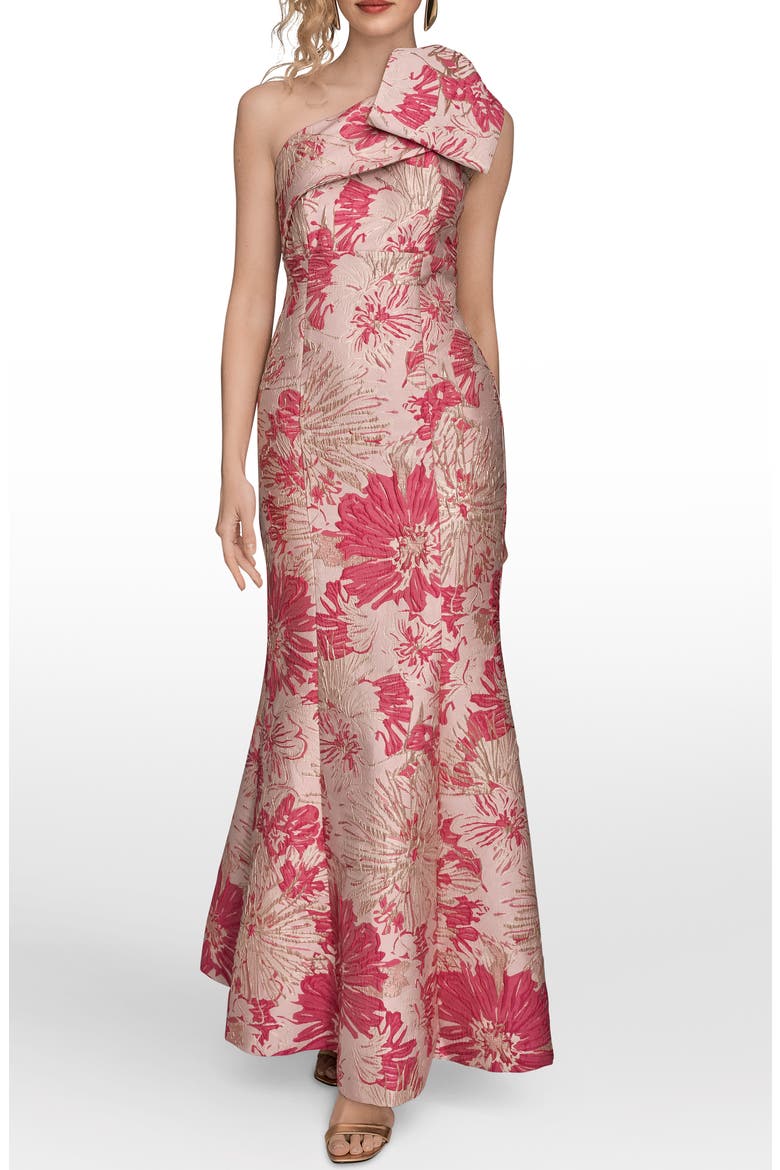 Metallic One-Shoulder Jacquard Mermaid Gown, Main, color, FUCHSIA MULTI