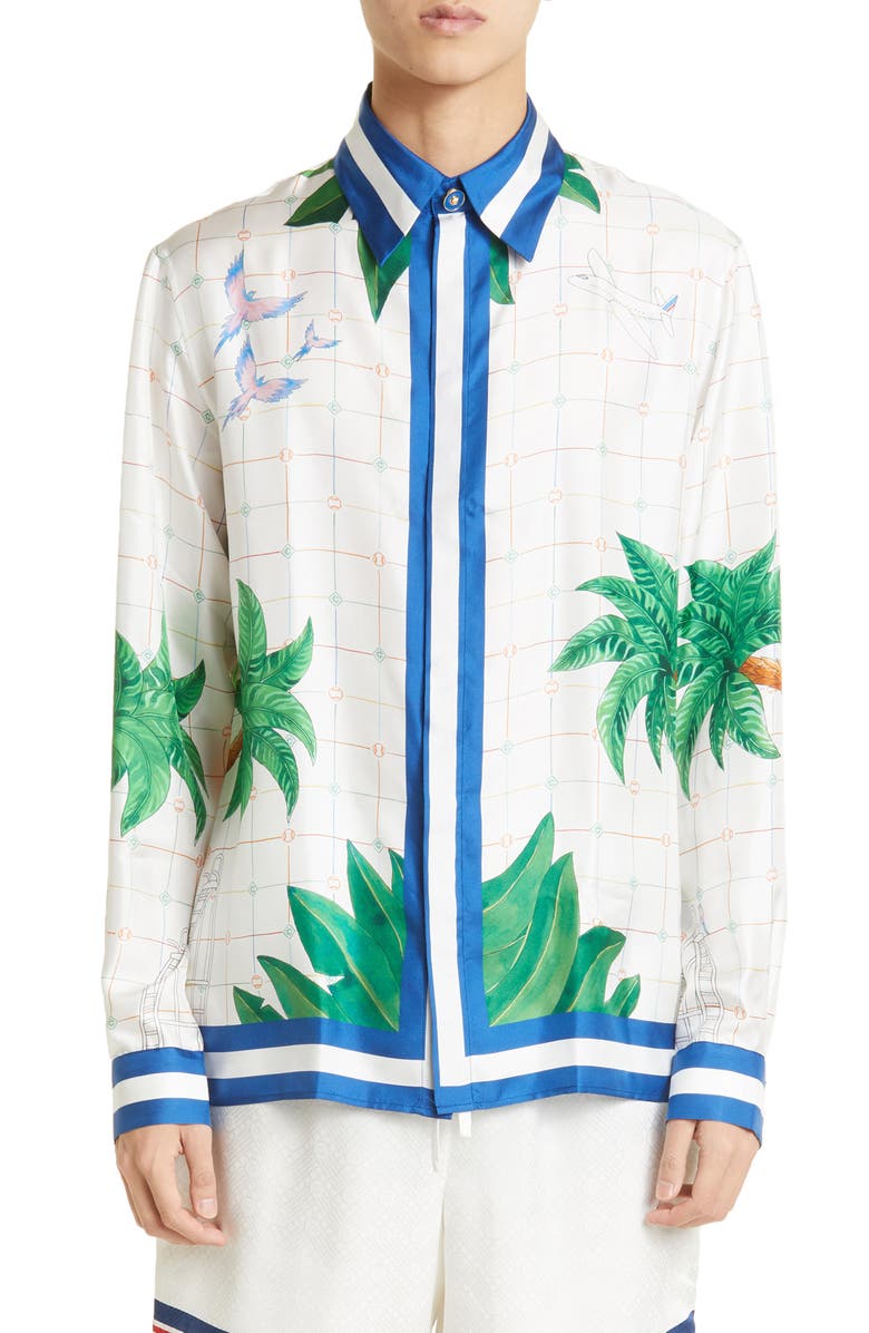 Casablanca Print Cuban Collar Silk Button-Up Shirt, Alternate, color, 