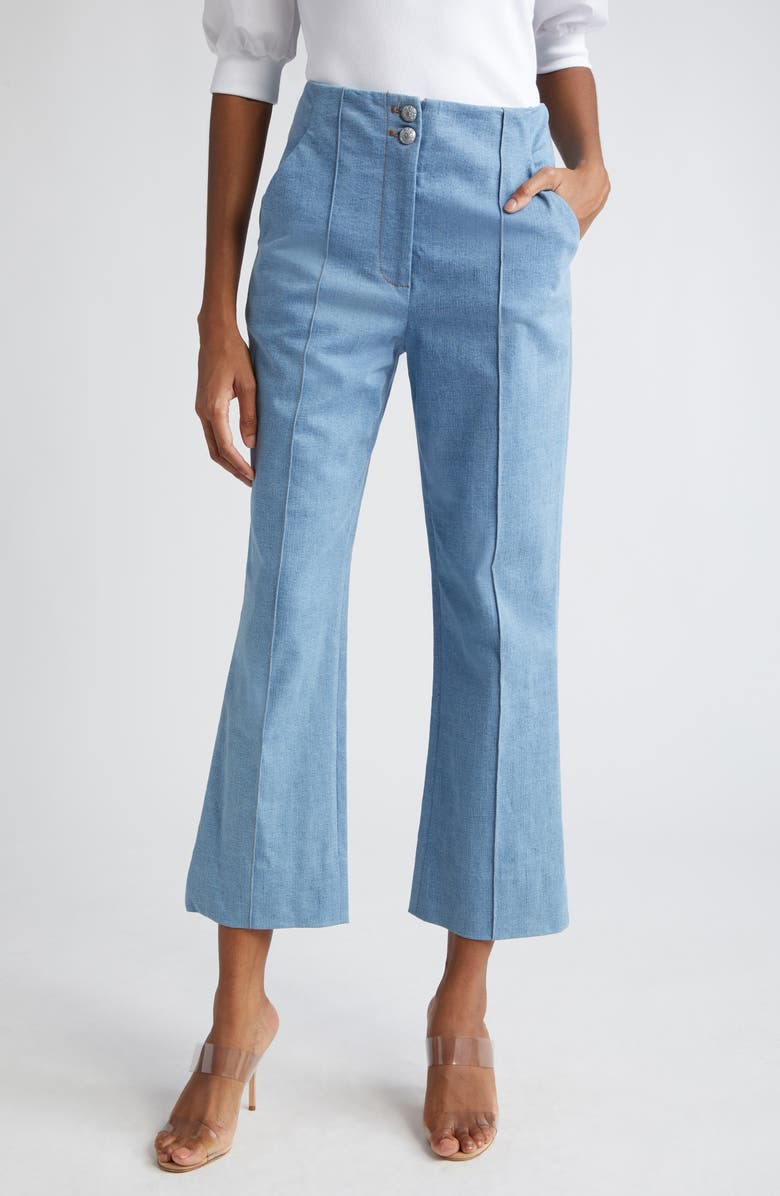 Veronica Beard Kean Pintuck Denim Flare Leg Pants, Main, color, 