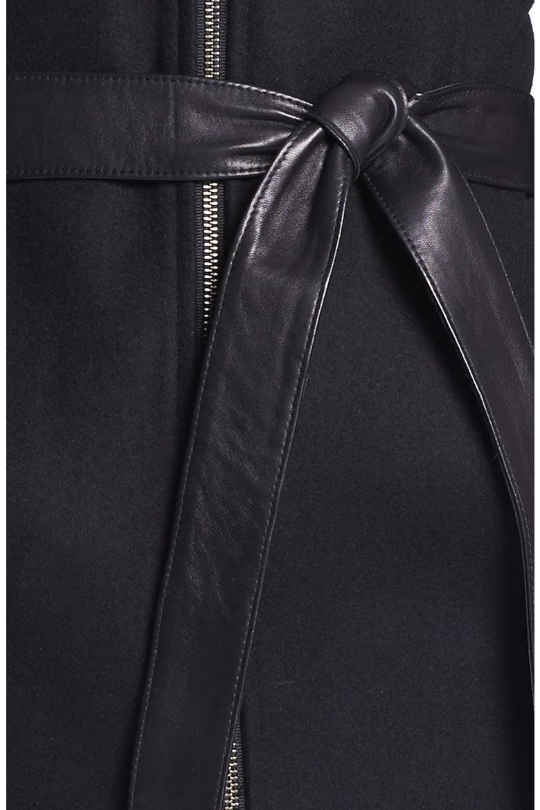 Hooded Wool Blend Coat with Leather Belt, Alternate, color, BLACK