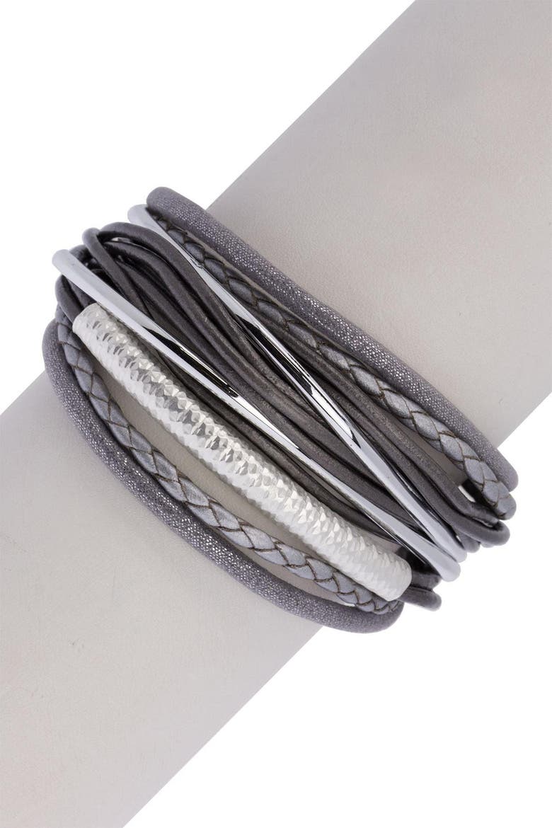 Hammered Tube Leather & Faux Suede Multi-Strand Bracelet, Alternate, color, GREY