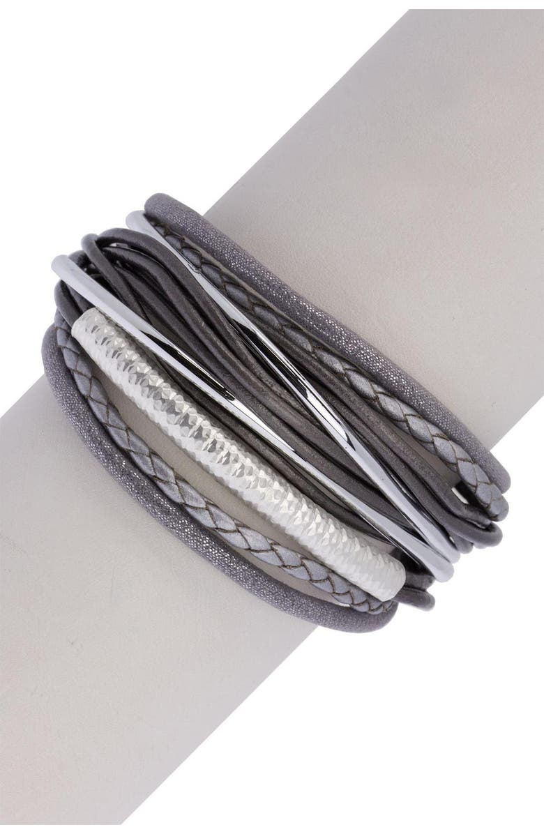 SAACHI Hammered Tube Leather & Faux Suede Multi-Strand Bracelet, Alternate, color, Grey