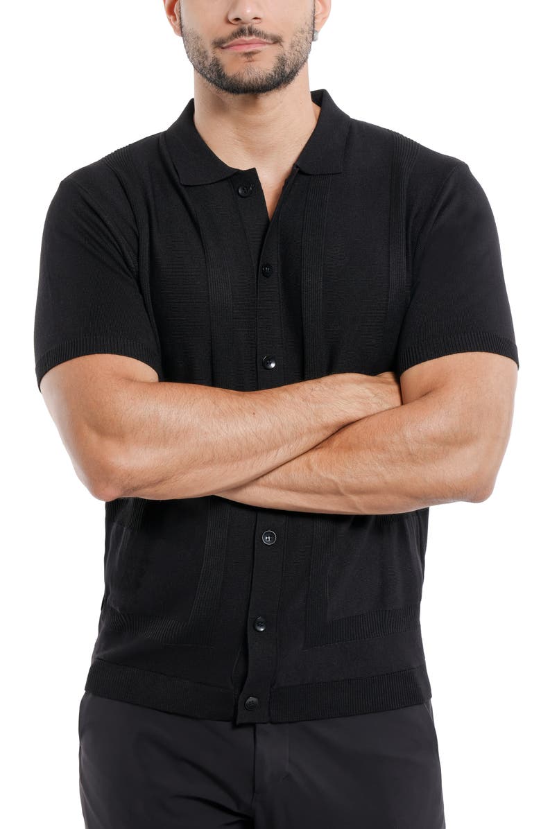 Spring + Mercer Textured Short Sleeve Button-Up Sweater, Alternate, color, Black