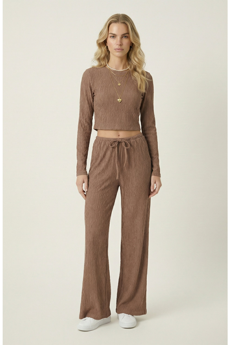 Ribbed Long Sleeve Crop Top and Wide Leg Lounge Pants Set with Drawstring, Main, color, Brown