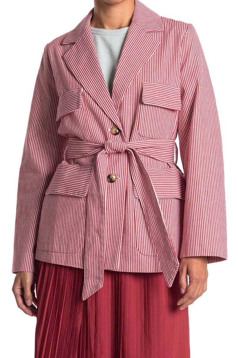 Striped Two Button Notch Lapel Tie Waist Blazer Jacket, Main, color, RED