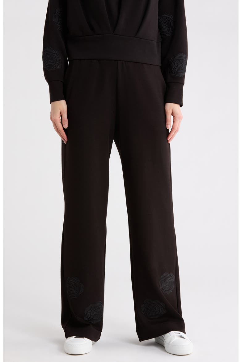 Rose Embroidered Scuba Knit Pants, Main, color, BLACK