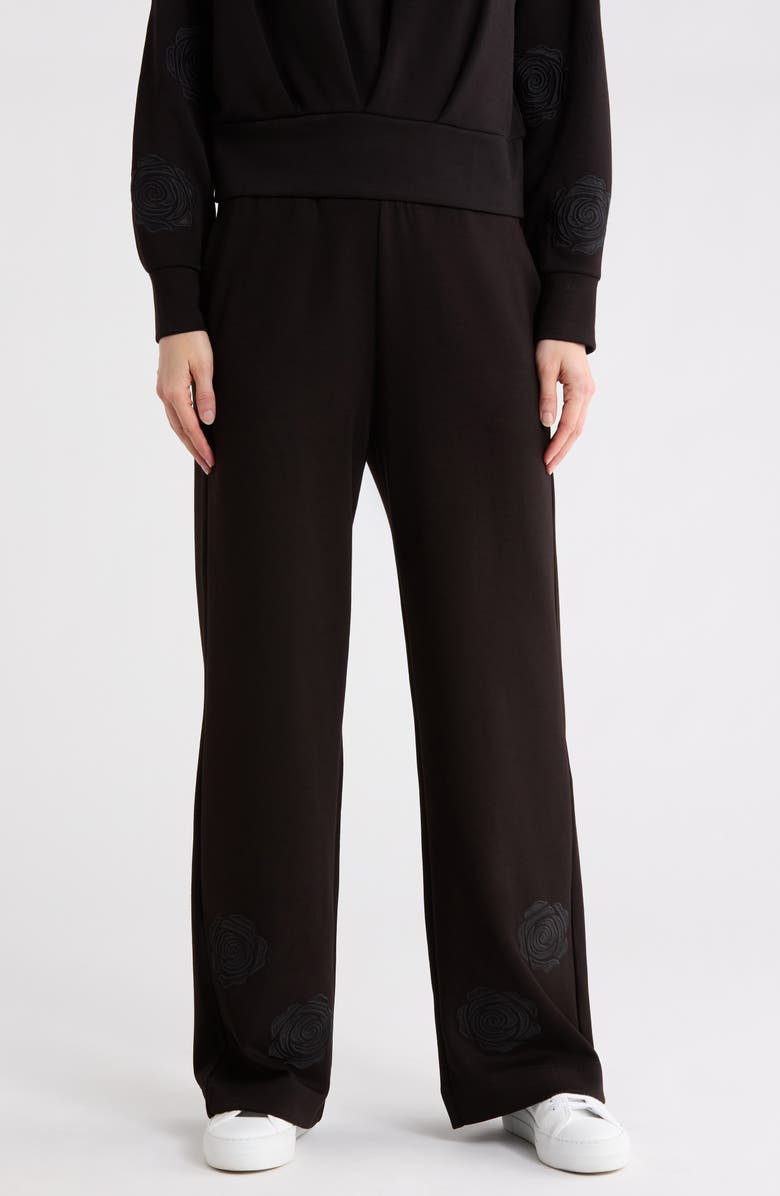 T Tahari Rose Embroidered Scuba Knit Pants, Main, color, Black