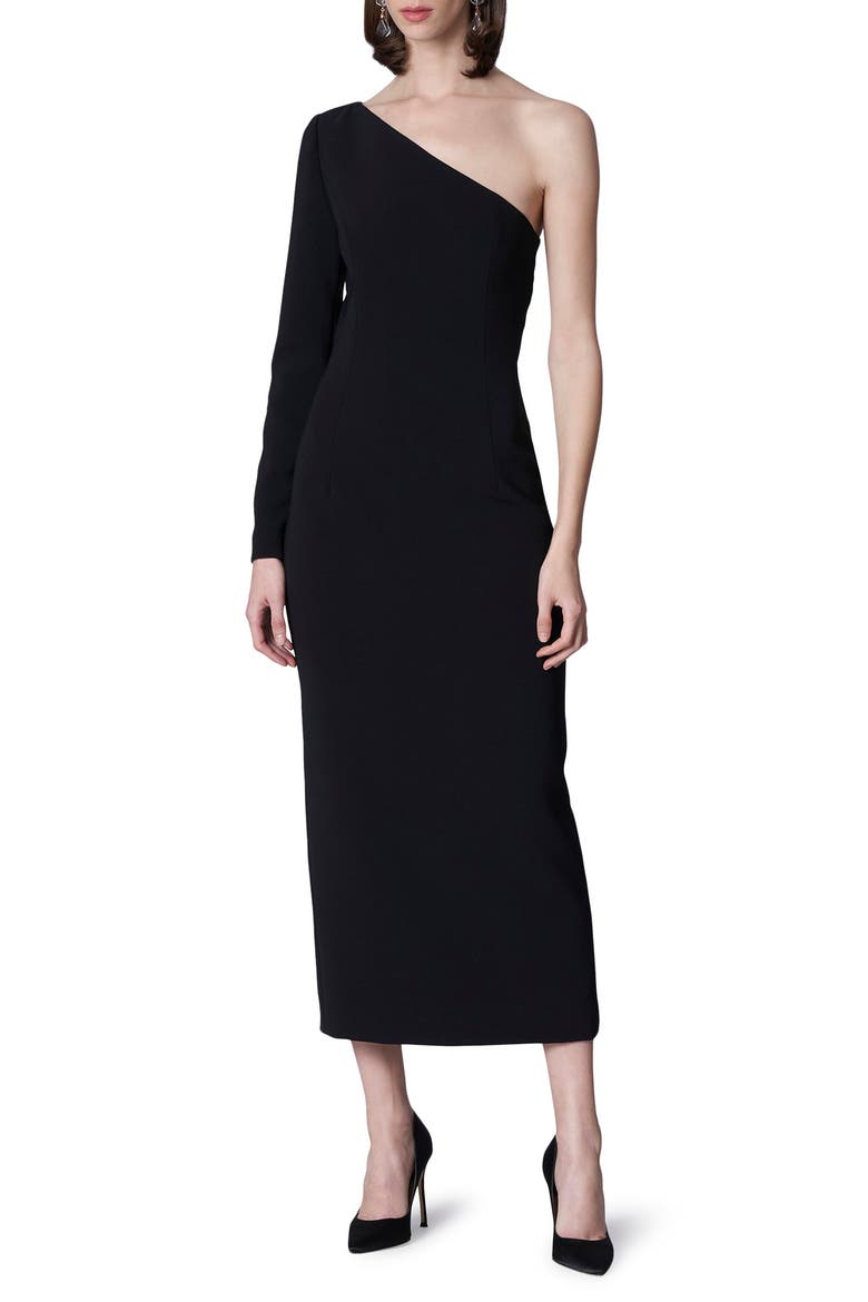 One-Shoulder Crepe Midi Dress, Main, color, BLACK