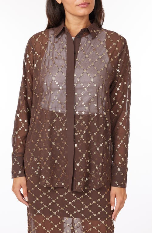 Scotch & Soda Semisheer Sequin Oversize Button-Up Shirt in Coffee 