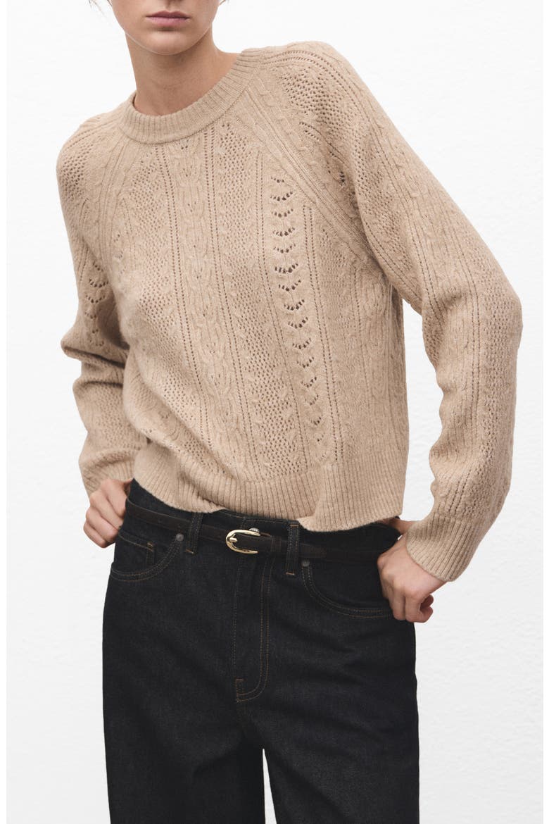 Pointelle Crewneck Sweater, Main, color, MEDIUM BROWN
