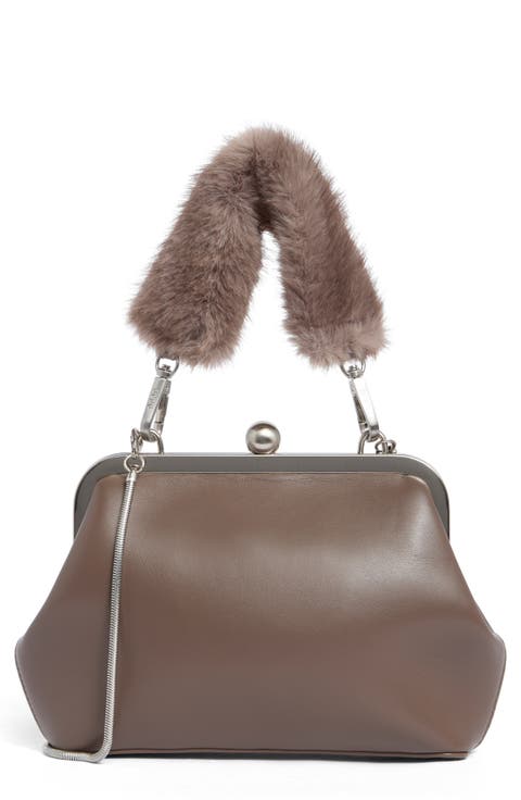 Faux Fur Handle Faux Leather Frame Clutch