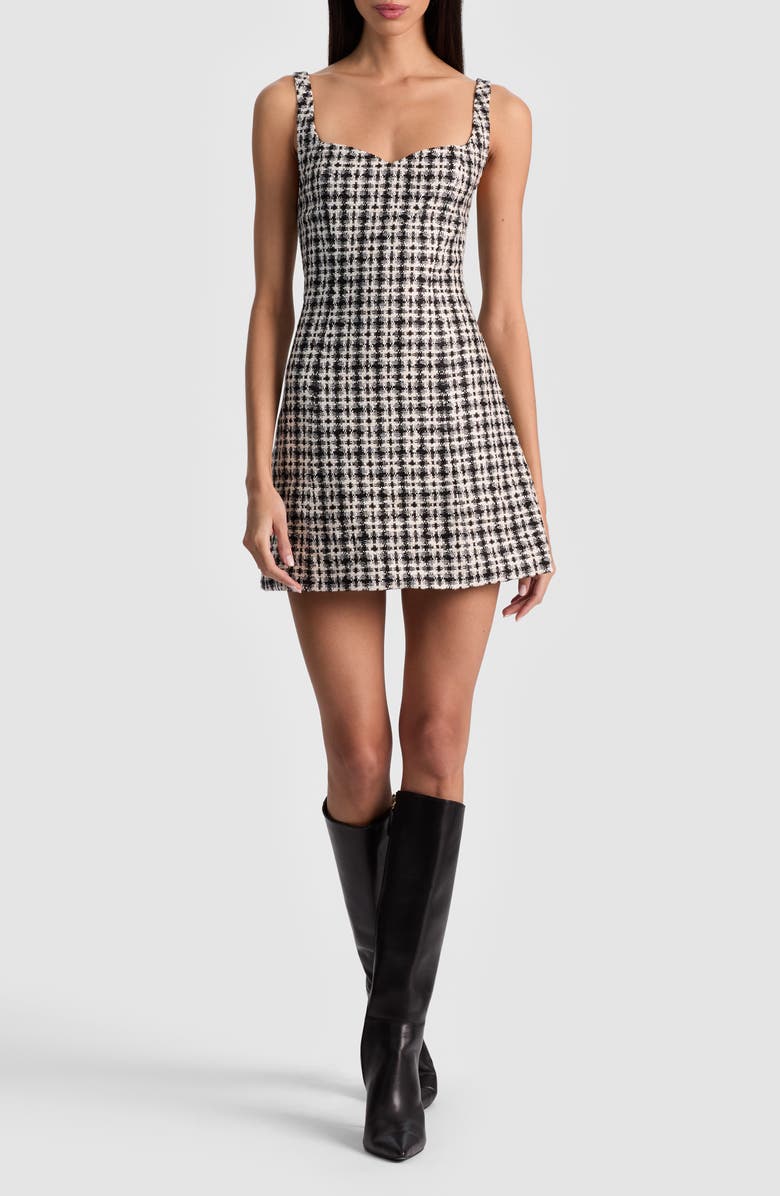 Alice + Olivia Eve Sweetheart Neck Tweed Minidress, Main, color, Black/ Off White