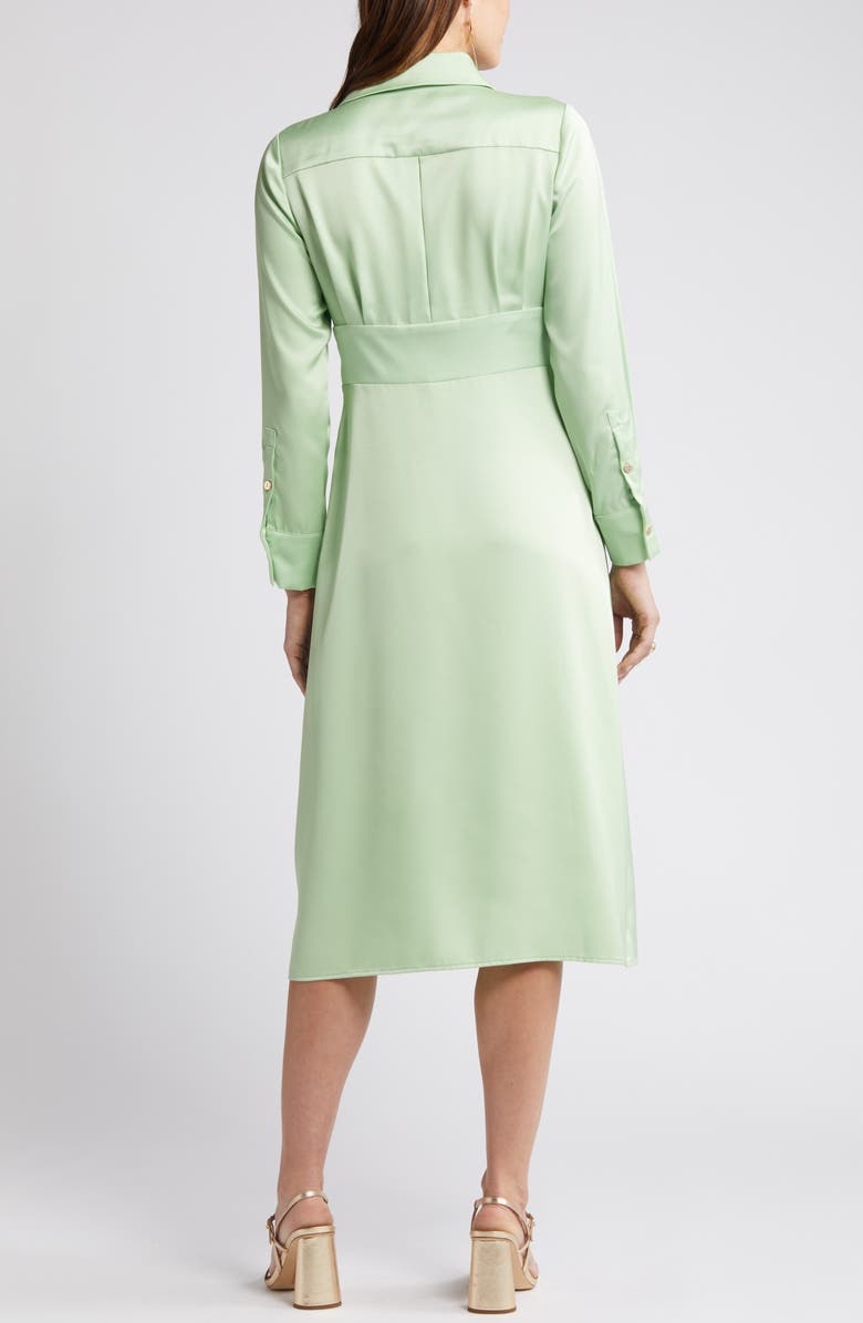 Tahari ASL Ruffle Front Long Sleeve Midi Shirtdress, Alternate, color, Moss