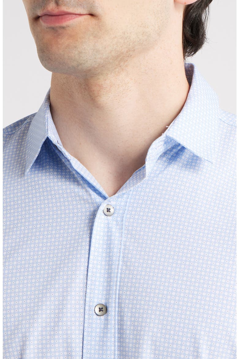 Trim Fit Floral Medallion Print Short Sleeve Performance Button-Up Shirt, Alternate, color, LIGHT BLUE