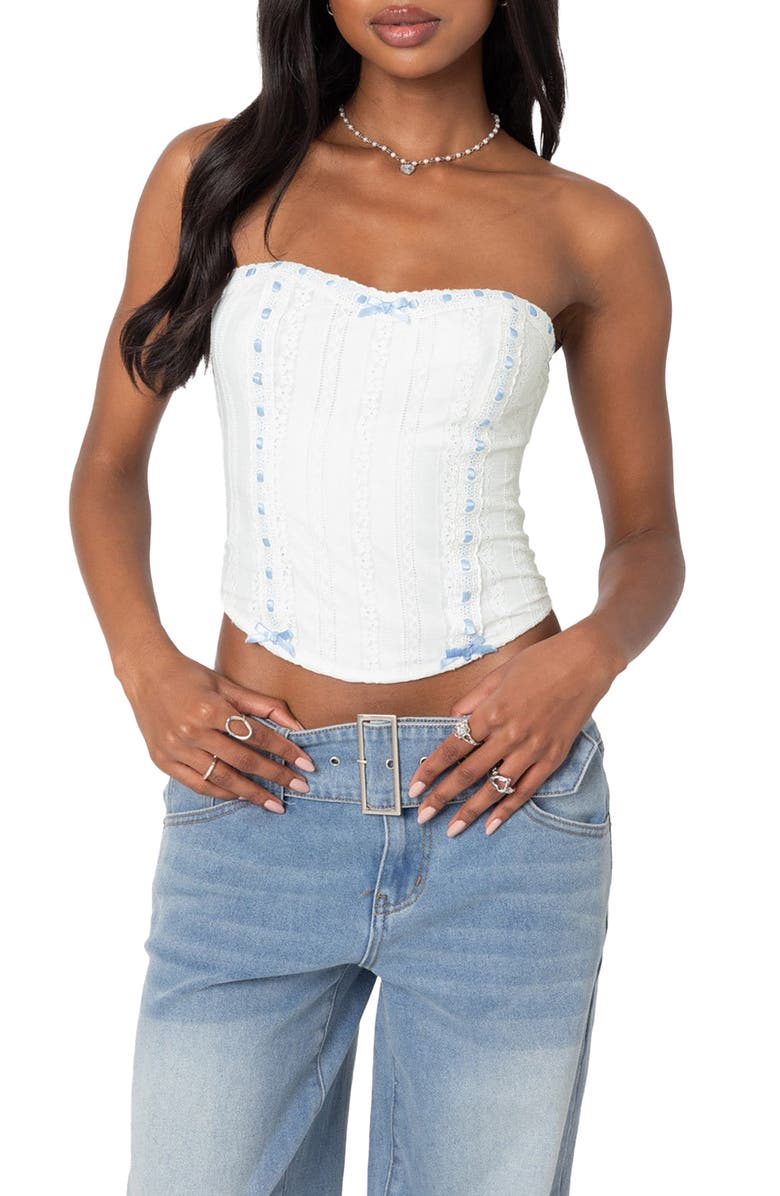 EDIKTED Mist Lacey Ribbon Corset Crop Top, Main, color, White