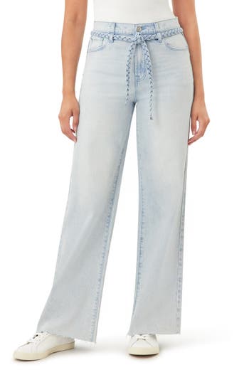 Kensie Carla Belted Wide Leg Jeans In Blue