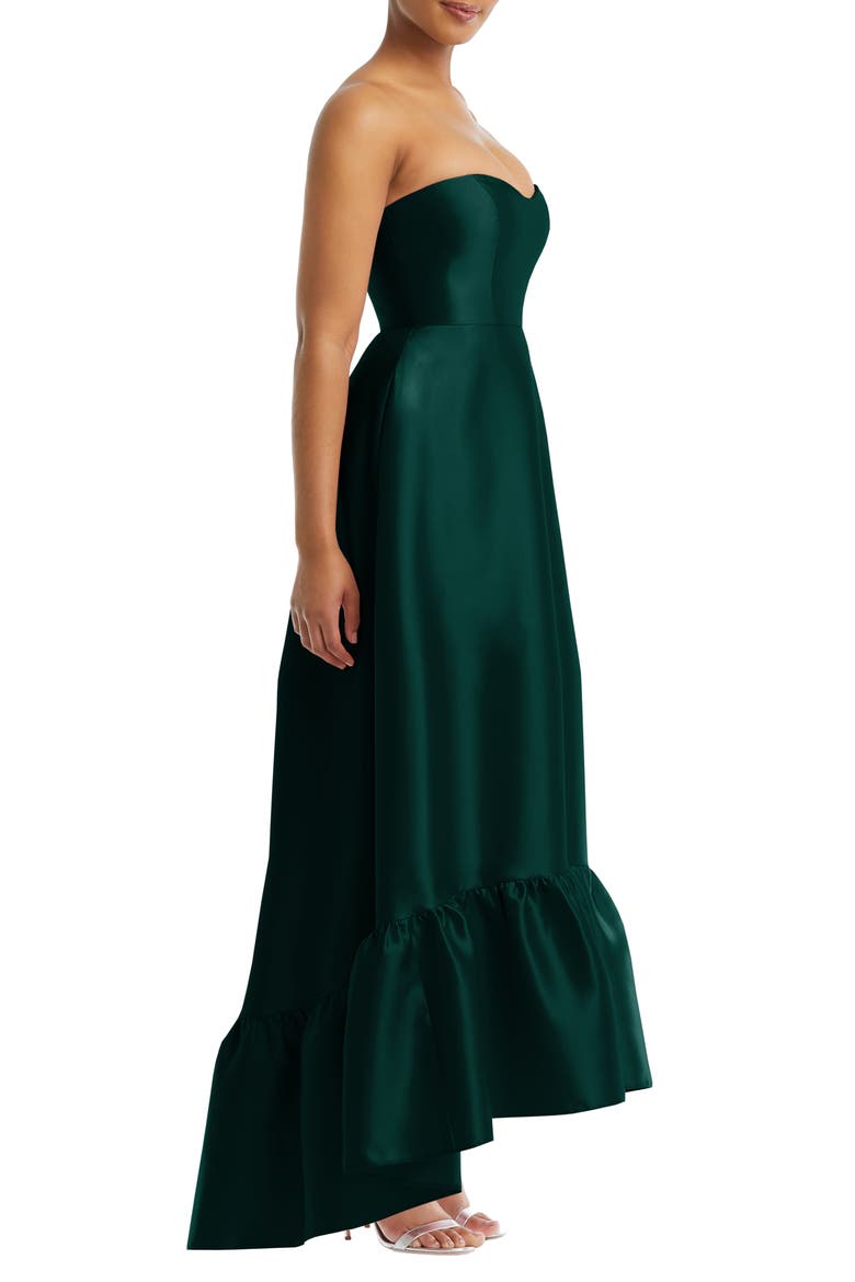 Strapless Ruffle High-Low Satin Gown, Alternate, color, EVERGREEN