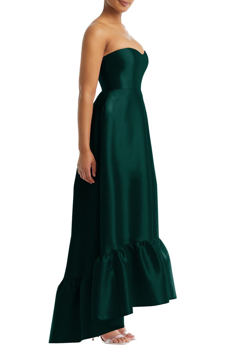 Alfred Sung Strapless Ruffle High-Low Satin Gown, Alternate, color, Evergreen