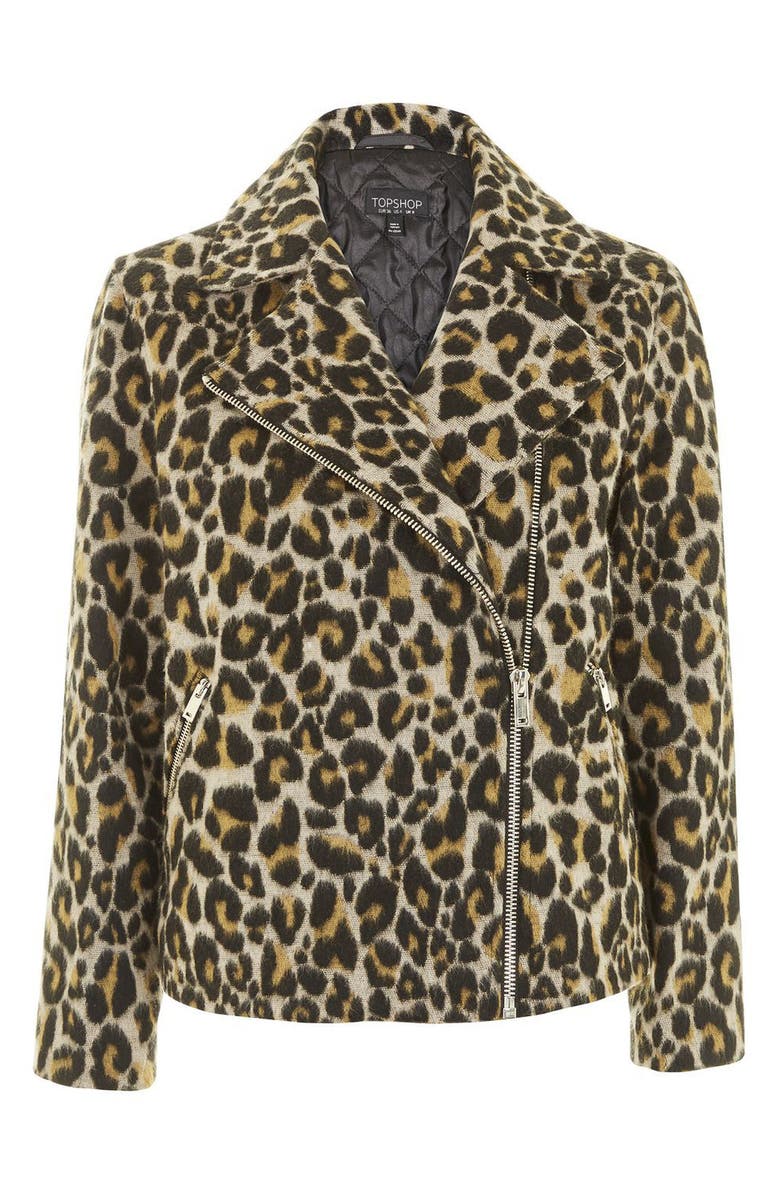 Topshop Leopard Print Biker Jacket, Alternate, color, 