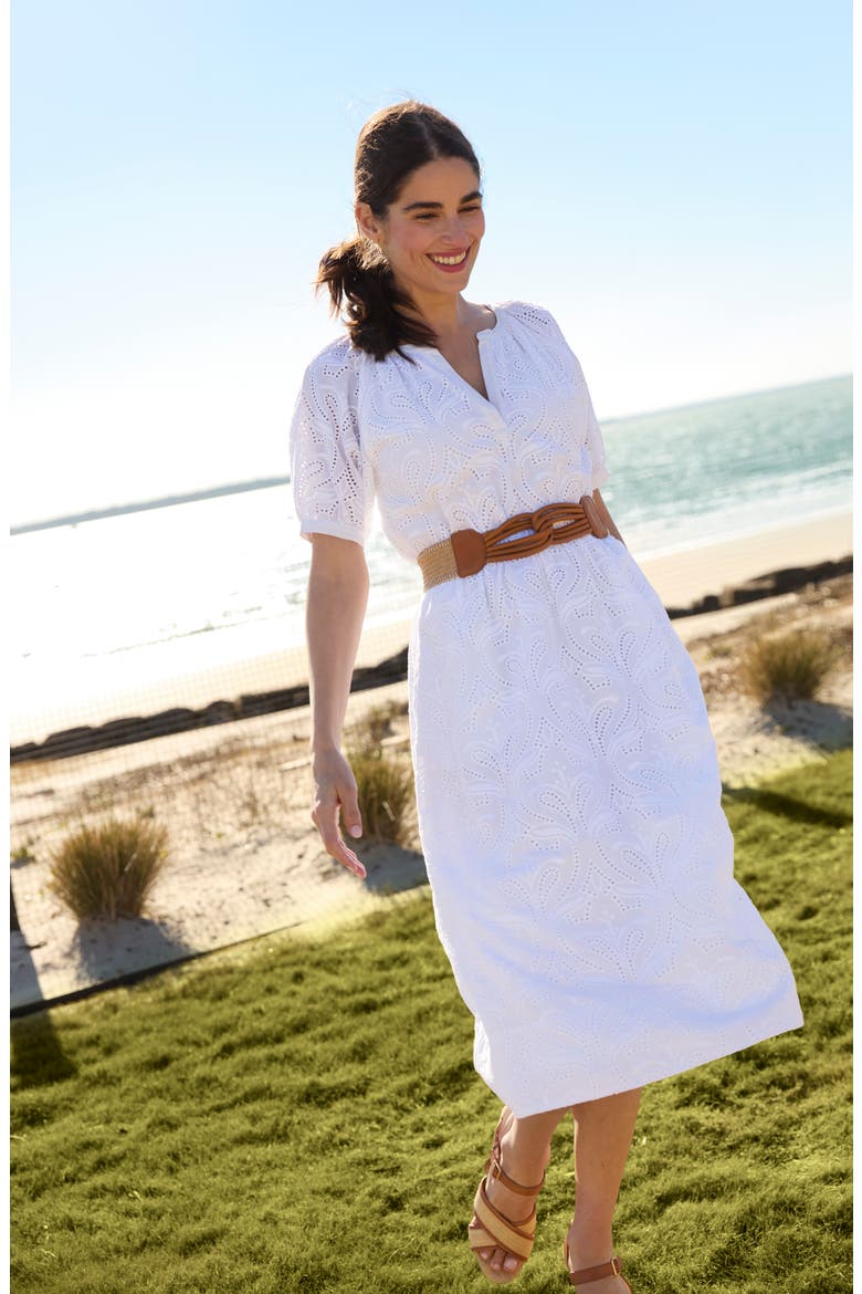 Perry Embroidered Eyelet Cotton Midi Dress, Alternate, color, WHITE