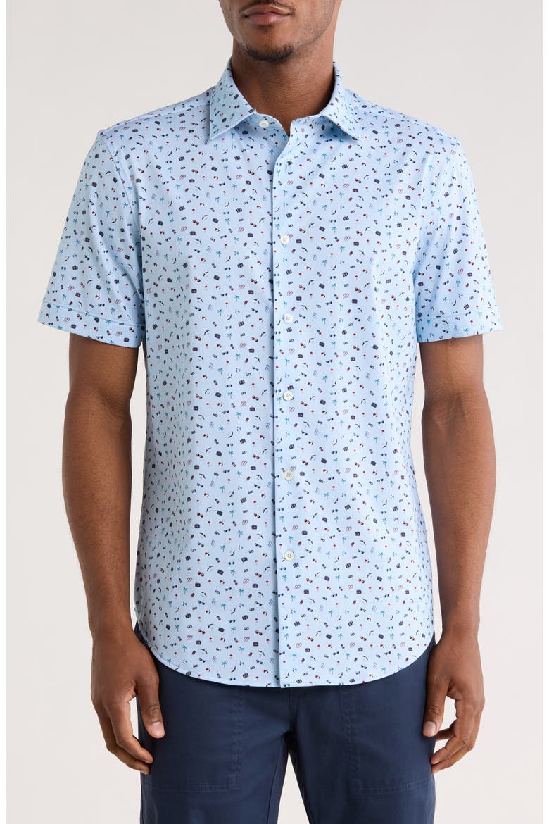 Print Short Sleeve Button-Up Shirt, Main, color, AIR BLUE
