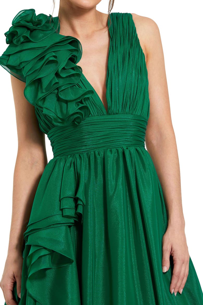 Ruffle Shoulder V-Neck Chiffon Gown, Alternate, color, Emerald