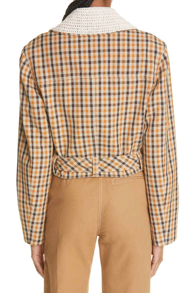 Kalimba Plaid Crochet Collar Crop Jacket, Alternate, color, BONE/ COGNAC/ CHESTNUT