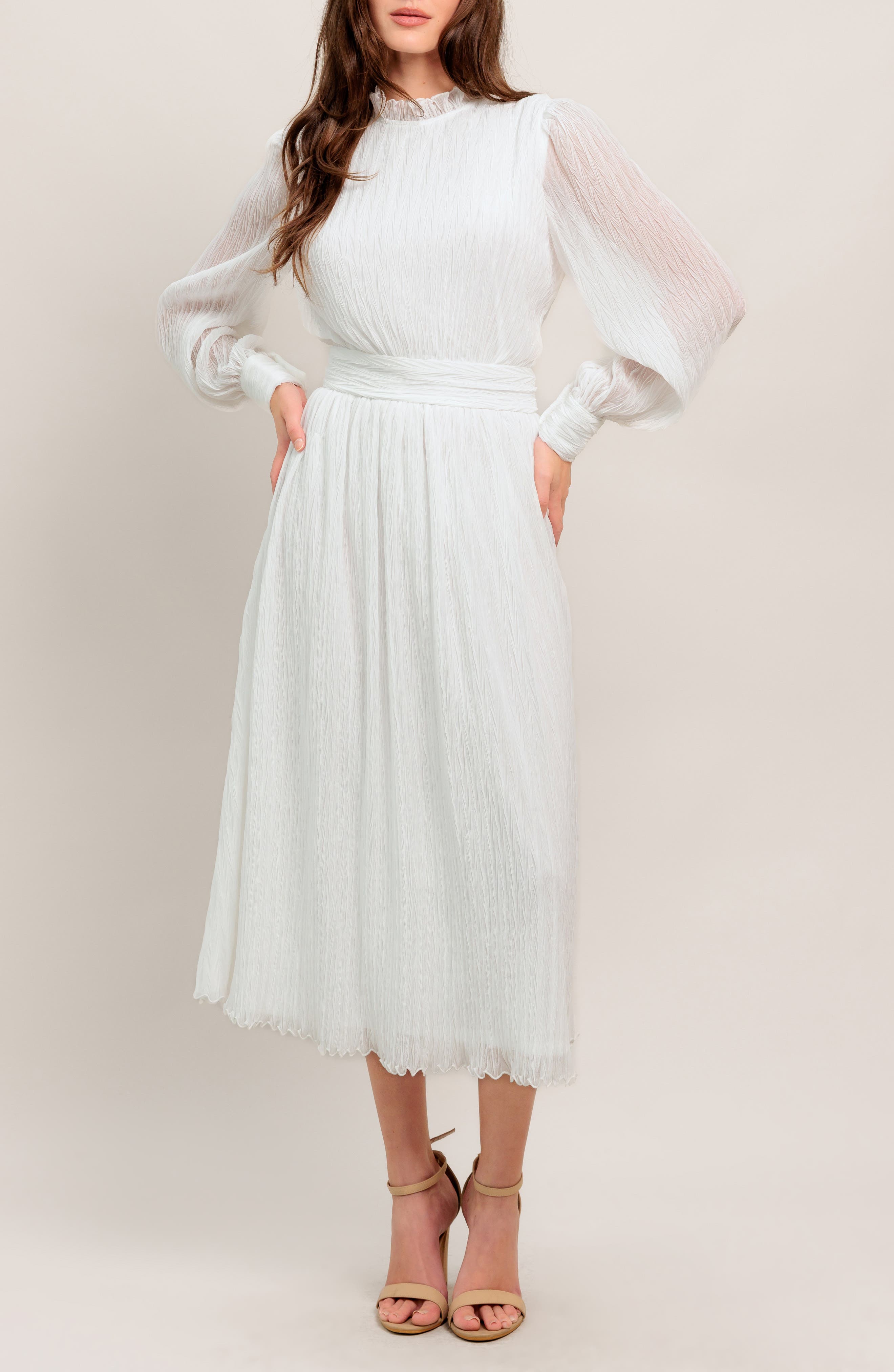 FLYING TOMATO Long Sleeve Textured Chiffon Midi Dress