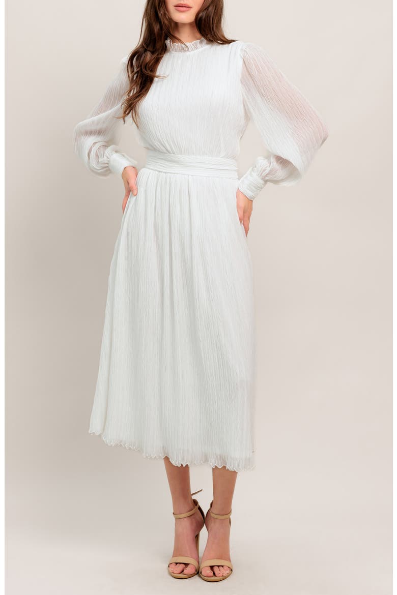 Long Sleeve Textured Chiffon Midi Dress, Main, color, WHITE