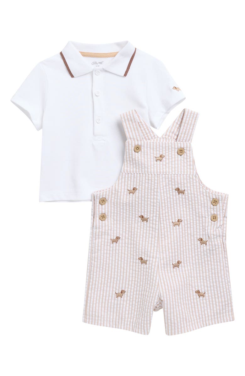Little Me Puppy Polo & Embroidered Shortalls Set, Main, color, Tan
