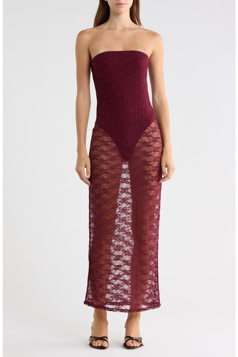 Strapless Lace Midi Dress, Main, color, BURGUNDY