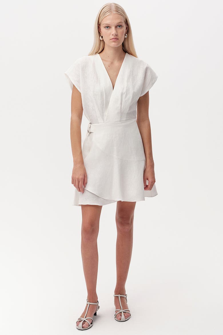 Callanne V Neck Cap Sleeve Linen Mini Dress, Main, color, Ecru