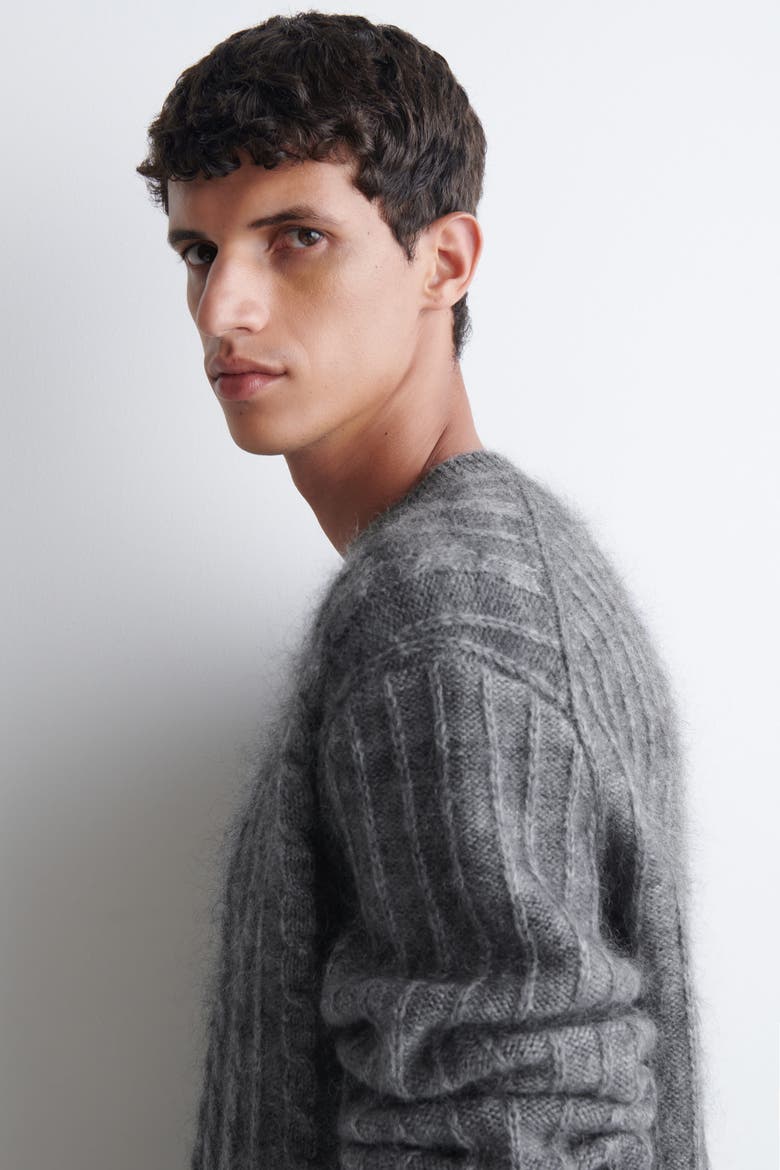 Cable-Knit Merino-Mohair Sweater, Alternate, color, GRAY MÉLANGE