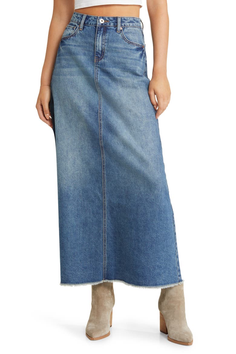 Frayed Hem Denim Maxi Skirt, Main, color, WASHED BLUE