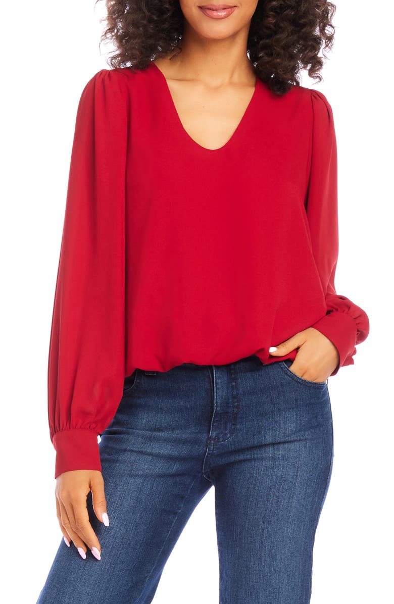 Karen Kane Puff Sleeve V-Neck Crepe Top, Main, color, Red