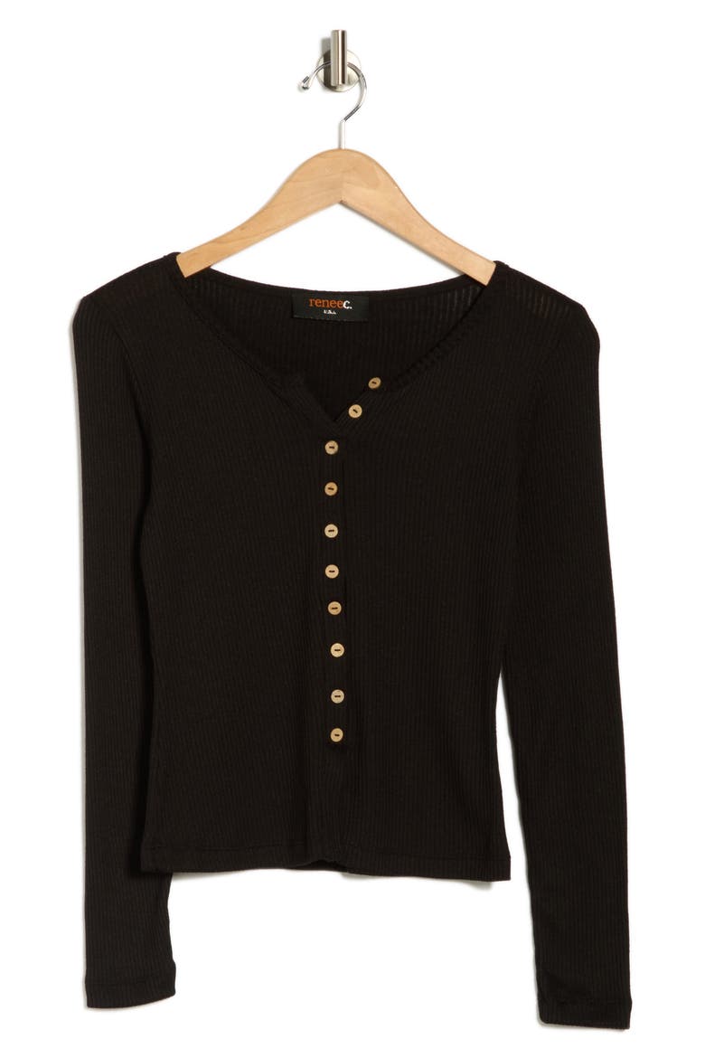 Button Front Long Sleeve Ribbed Top, Alternate, color, BLACK