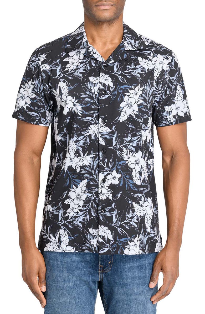 CONSTRUCT Floral Print Short Sleeve Shirt, Main, color, Black