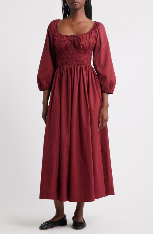 Doen Quintessa Tie-detailed Shirred Organic Cotton-poplin Midi Dress In Red