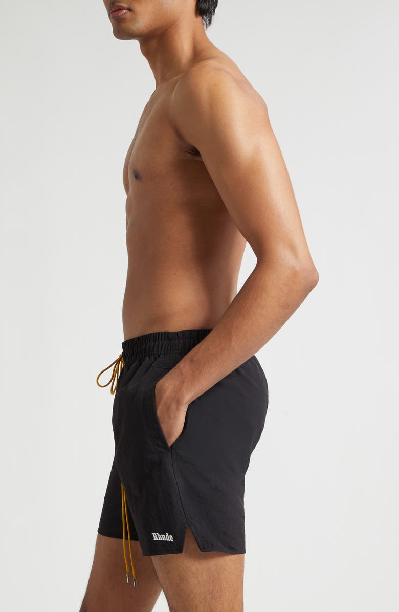 Rhude Classic Logo Nylon Swim Trunks, Alternate, color, Black/ White