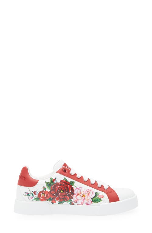 Dolce & Gabbana Portofino Painted Flower Leather Sneakers In Ha5pd Fondo Bianco