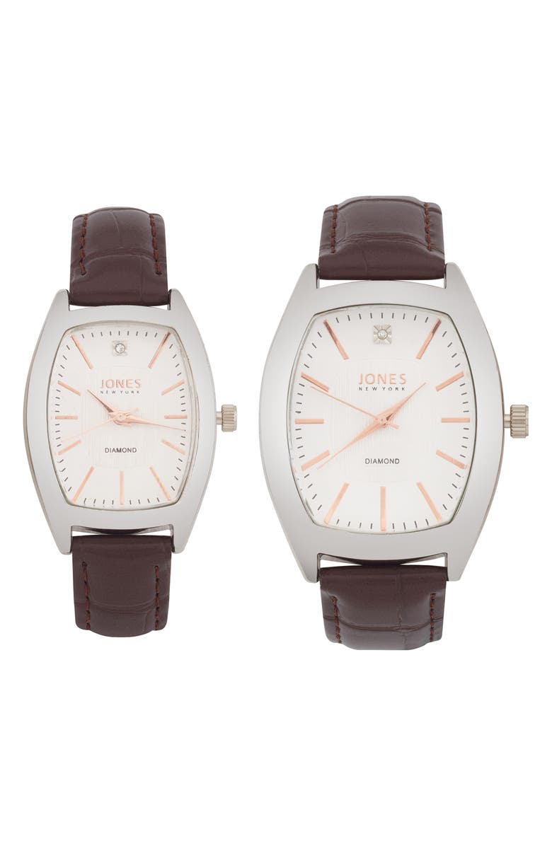 Jones New York Two-Piece Diamond Accent Tonneau Faux Leather Strap Watch His & Hers Set, Main, color, Brown