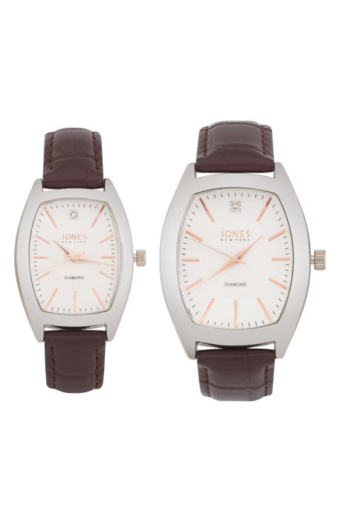 Two-Piece Diamond Accent Tonneau Faux Leather Strap Watch His & Hers Set