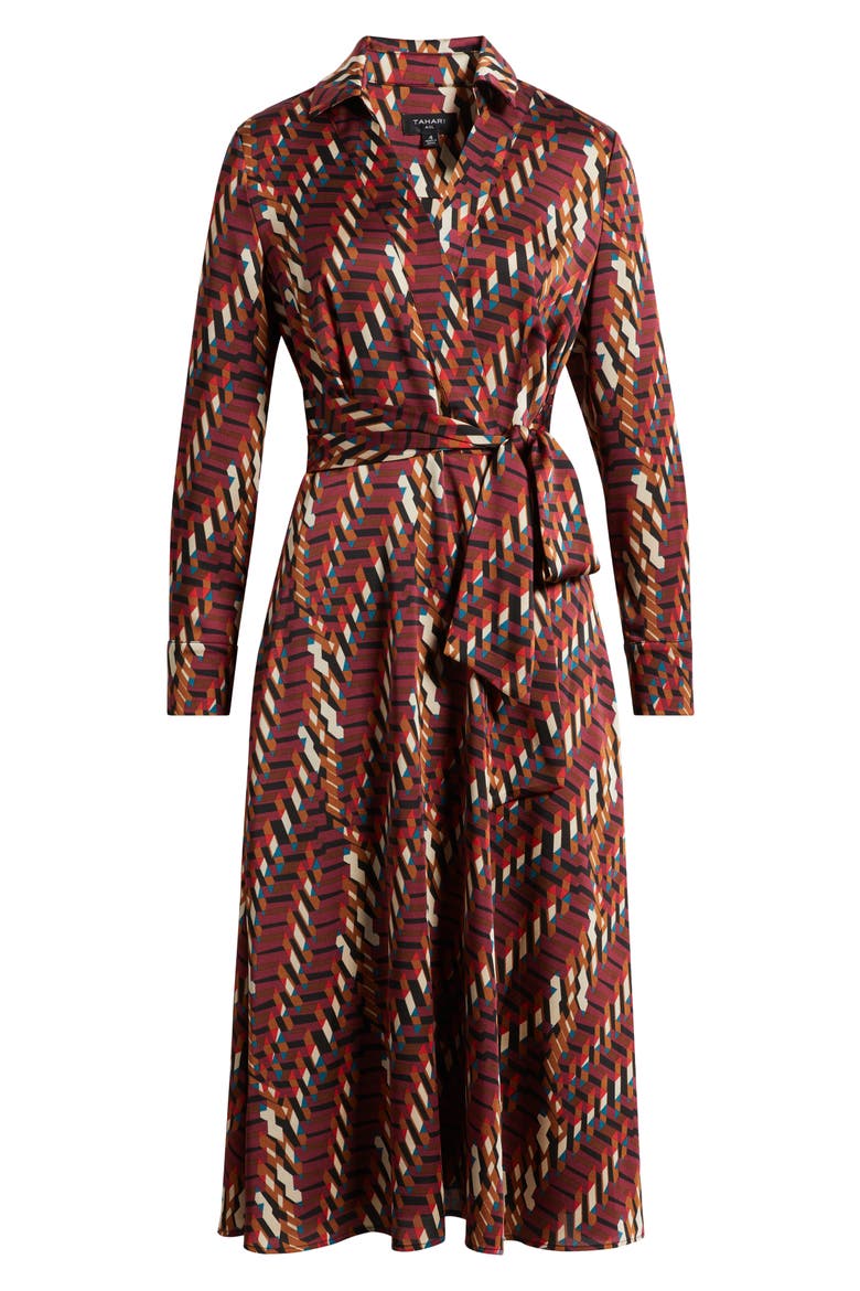 Geo Print Long Sleeve Midi Shirtdress, Alternate, color, CRANBERRY MULTI