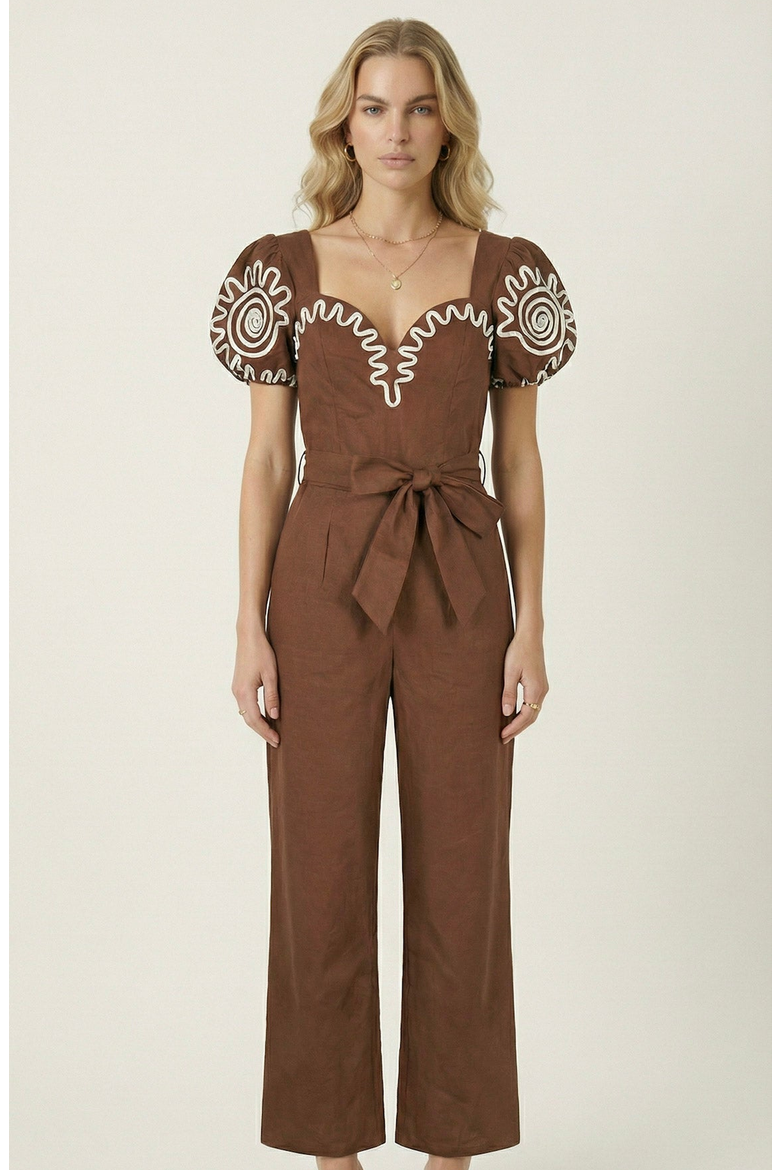 Embroidered Puff Sleeve Jumpsuit, Main, color, Chocolate Brown