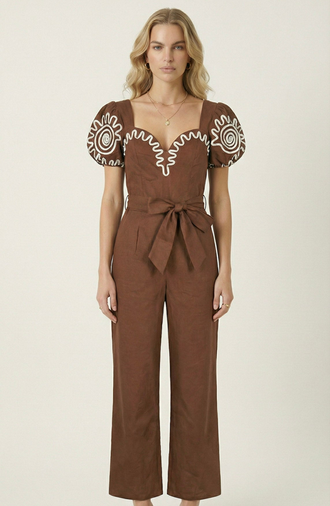 Embroidered Puff Sleeve Jumpsuit