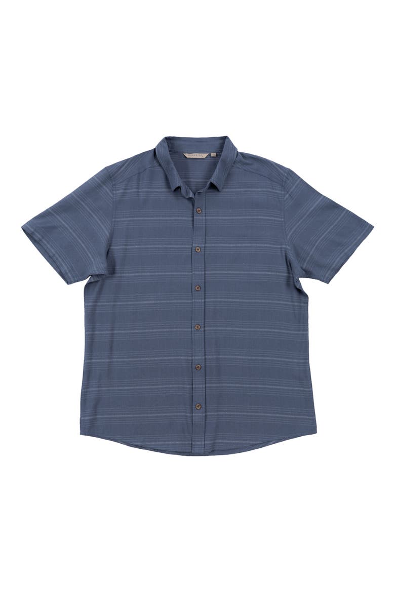 Stripe Linen & Cotton Blend Short Sleeve Button-Up Shirt, Main, color, STEEL BLUE