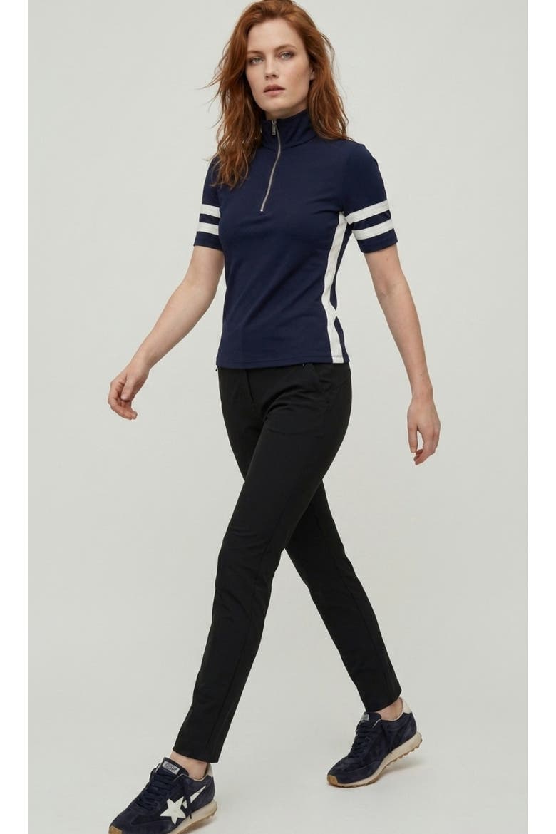 Serena Sport Striped Zip-Up Short Sleeve Top, Alternate, color, Navy/White