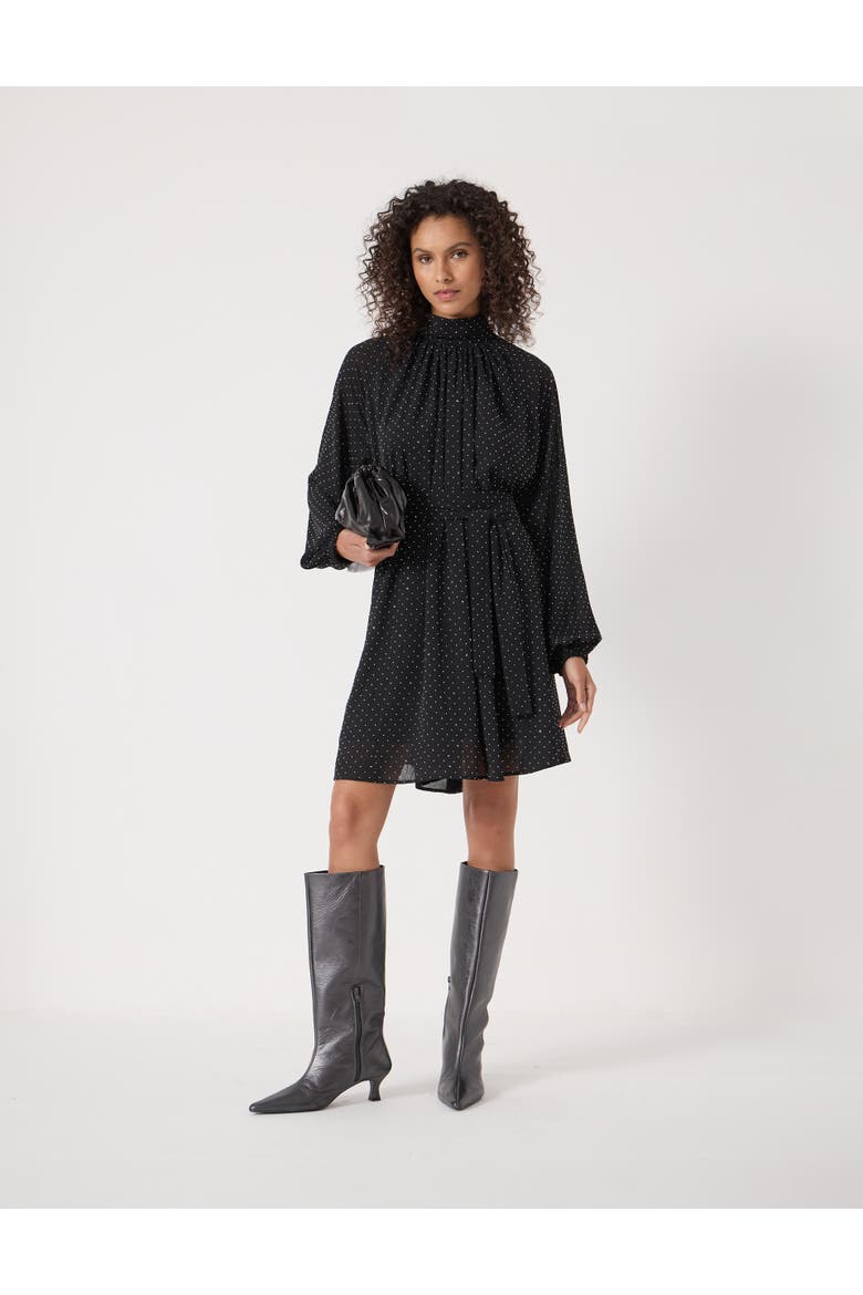 Diamante Gathered Neck Mini Dress, Main, color, Black
