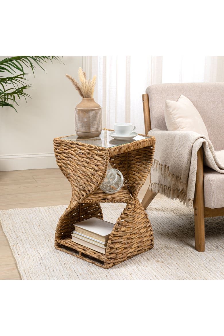 Suraya Bohemian Woven Swirl Square End Table with Glass Top, Open Storage Shelf, Hourglass Accent Side Table, Alternate, color, Natural